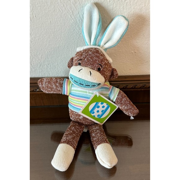 DanDee Sock Monkey Easter Bunny 12" Plush Rabbit Ears Multi-Colored Stripe Shirt - Picture 1 of 3
